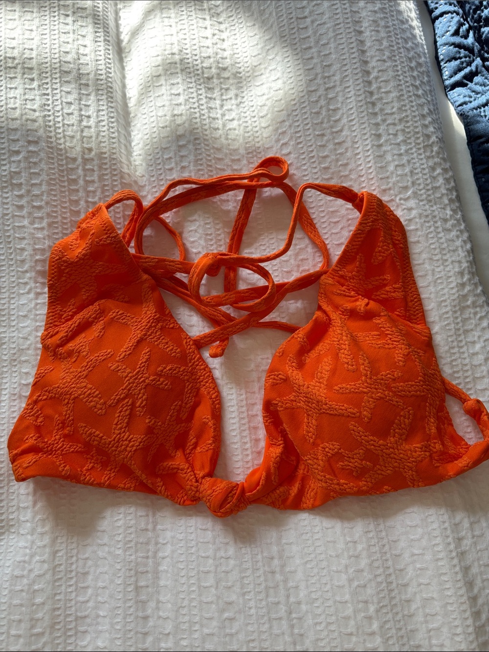 Women's Orange Textured Lace-Up Triangle Bikini Top